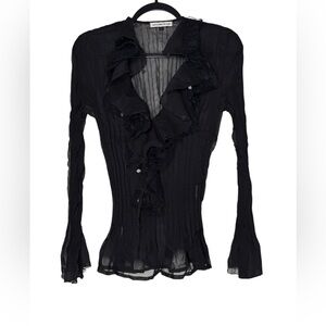 Alexandra Rosati Black Sheer Ruffle Blouse Women’s Large Long Sleeve Lace Floral